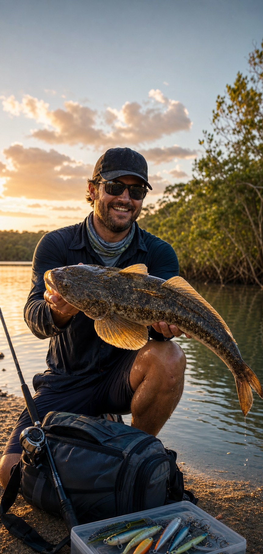 Australian angler holding a dusky flathead beside a Queensland estuary at sunrise