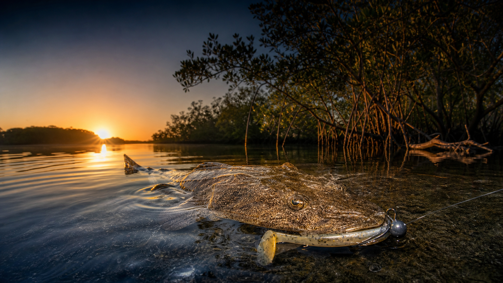 Dusky flathead in a Queensland estuary at sunrise